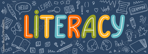 Literacy. Literacy hand drawn doodles and lettering. Education vector illustration.