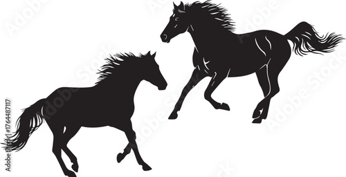 Silhouette of two majestic horses galloping across a white background, capturing their powerful movement and grace in a dramatic black and white illustration