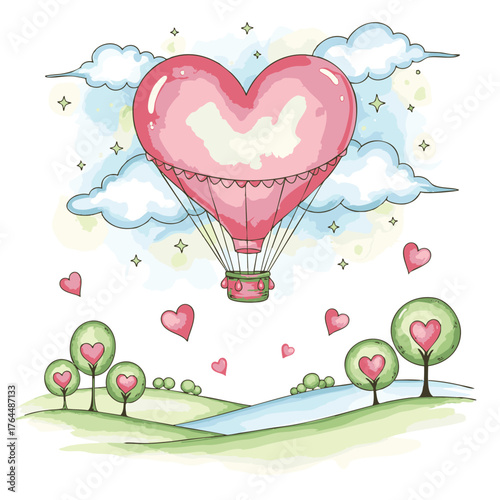 Heart-shaped hot air balloon flying over a landscape scene