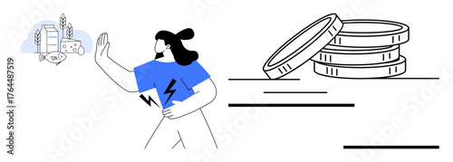 Woman facing food and wheat items, raising hand in refusal with focus on stacked coins. Ideal for finance, priorities, energy, saving, resource management, diet, decision-making simple flat metaphor