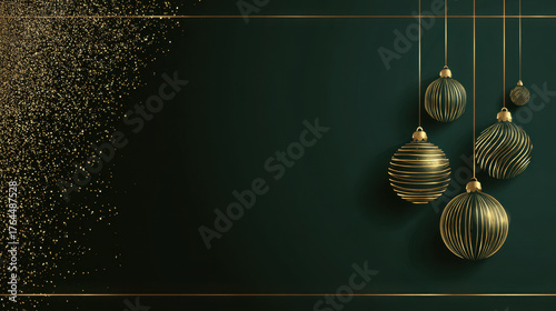 Minimalist $3D$ render, five dark teal Christmas baubles with intricate golden line patterns, hanging on golden strings, dense gold glitter on the left, dark emerald green background, luxury, elegant