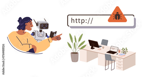 Woman and robot discussing cybersecurity, browser bug alert symbol, organized office desk with tech devices. Ideal for AI collaboration, cybersecurity, problem-solving, tech support, SSL issues