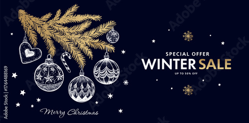 Winter sale, Christmas tree and star set on black, Hand drawn illustration.	
