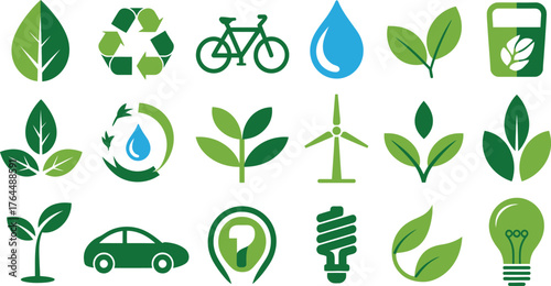Vibrant eco friendly icons promoting sustainable lifestyle and green energy solutions