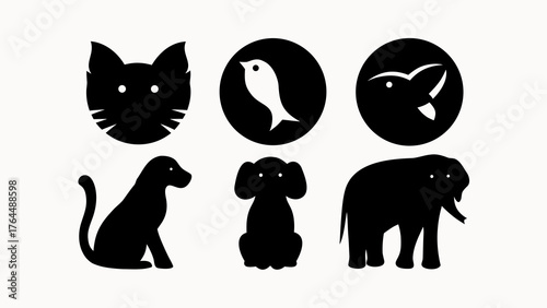 Black and white graphic featuring a cat dog birds and an elephant in a simple design style