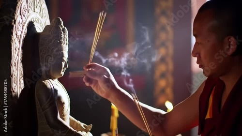 Monk offering incense near statue in prayer ritual indoors
