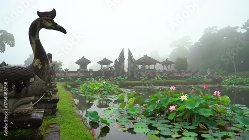Stone bird statue overlooking pond with temple structures in misty scene