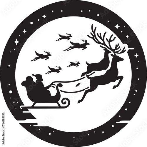Santa Claus in Sleigh with Reindeer Silhouette Flying Across the Moon and Stars
