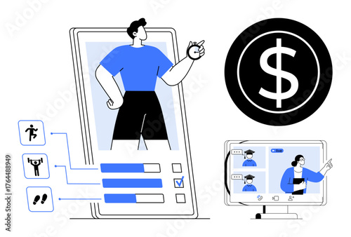 Man displayed on smartphone with fitness data, icons for exercise and steps, dollar sign, video conference featuring graduate. Ideal for fitness, finance, education, technology, progress online