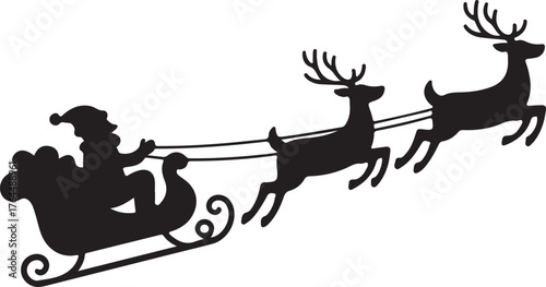 Santa Claus in Sleigh with Reindeer Silhouette Flying Across the Moon and Stars