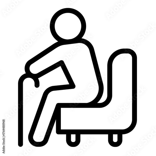 Grandfather sit on chair line icon, family therapy concept. Vector graphics. Pensioner, man with walking cane, elderly sign on white background, style icon mobile or web design.