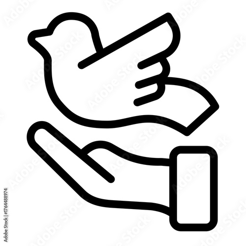 Pigeon and helping hand line icon, charity concept. Vector graphics. Hand with dove bird, peace sign on white background, style icon mobile or web design.