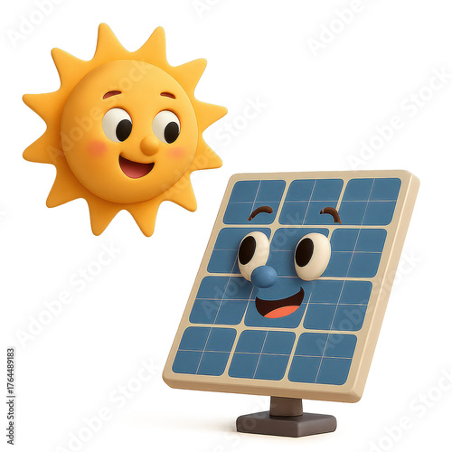 Smiling Sun and Solar Panel 3D Illustration Representing Renewable Energy Friendship and Eco Awareness Concept