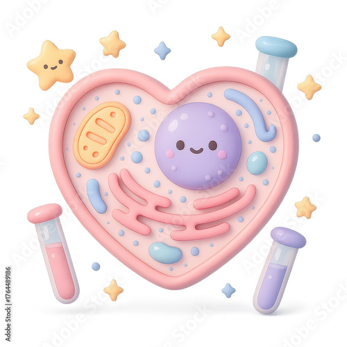 Whimsical Heart Shaped Cell With Nucleus And Organelles Cute Biology Cartoon Illustration For Science Education
