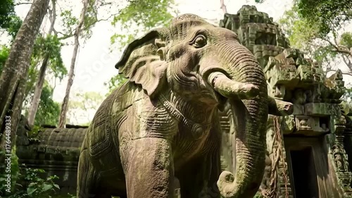 Ancient stone elephant sculpture in lush green forest environment