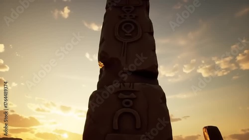 Ancient stone pillars silhouetted at sunset with dramatic sky