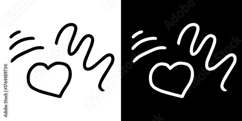 lack and white symbol. Hand-drawn heart symbol with a unicorn horn and arrow tail created with a single continuous line