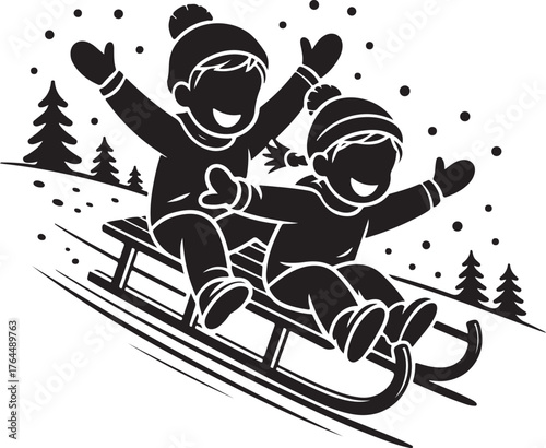 Children Sledding Silhouette