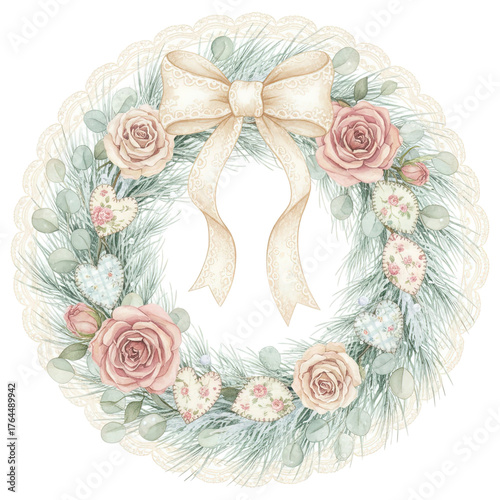 A delicate wreath, adorned with a creamy bow, pastel roses, and embroidered hearts, exudes a sense of gentle romance and festive charm. A timeless symbol of love, crafted with watercolor detail.