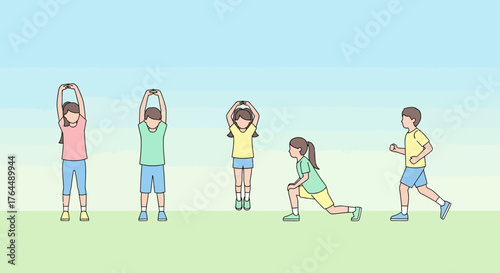 Children doing various exercises and stretching outdoors.
