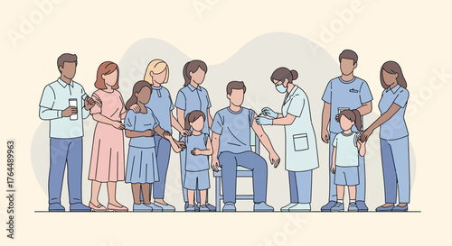 Vaccination Clinic Scene with People Receiving Shots.