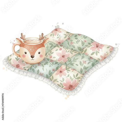 A whimsical illustration showcases a charming deer-shaped mug, set atop a floral patterned quilt. The delicate watercolor style and playful composition creates a sense of comfort and childlike wonder.