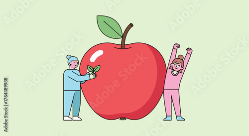 People interacting with giant red apple representing healthy eating and lifestyle.