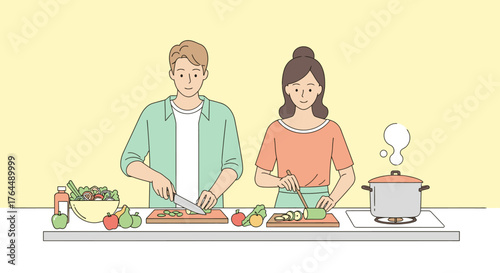 Couple cooking together in a bright kitchen preparing a healthy meal.