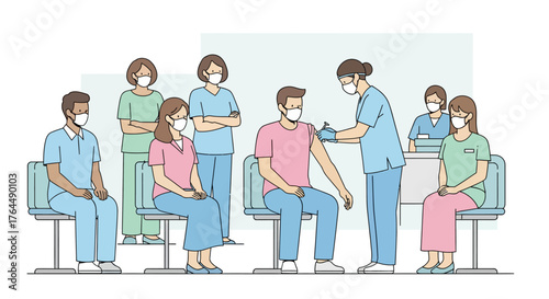 Diverse group of people receiving COVID-19 vaccinations from a healthcare worker in a clinic setting.