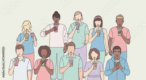 Diverse group of multiethnic people drinking beverages together.
