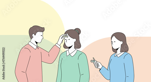 A man comforting a woman while another woman looks on, showing support and empathy.