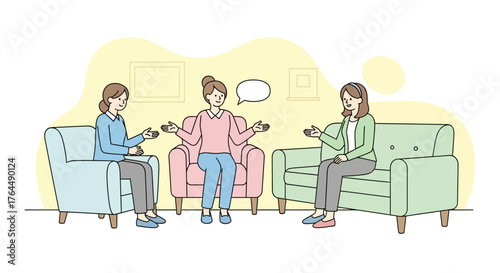 Three women engaged in a group discussion or therapy session.