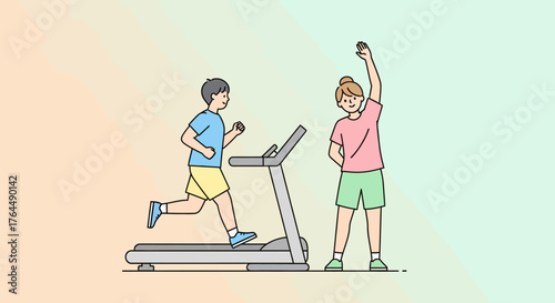 Two people exercising on a treadmill with one person coaching.