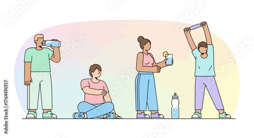 Group of people hydrating and exercising, promoting health and wellness.