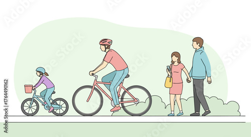 Family and couple enjoying a leisurely day outdoors cycling and walking.