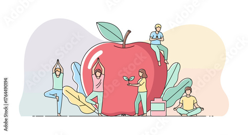 People practicing yoga and healthy eating around a giant apple.