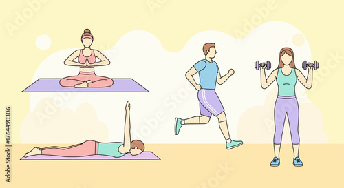 Diverse fitness activities showcasing yoga, running, and weightlifting exercises for health.