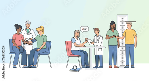 Collection of medical examination scenes with doctors and patients.