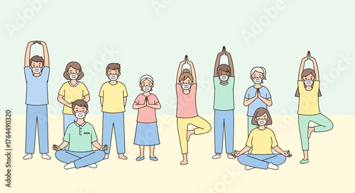 Diverse group of people of different ages practicing yoga and meditation.