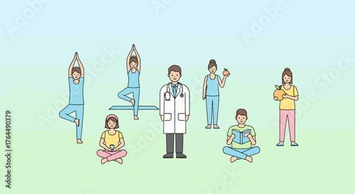 Diverse group of people practicing wellness activities with doctor.