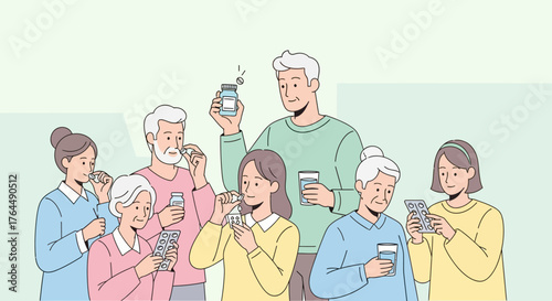 Group of diverse seniors enjoying coffee and medication together.