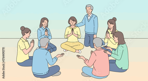 Group meditation session with people in circle for spiritual practice.