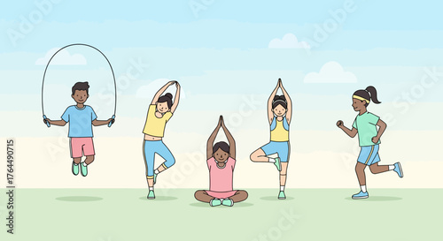 Diverse group of children engaging in various outdoor exercises and yoga poses.