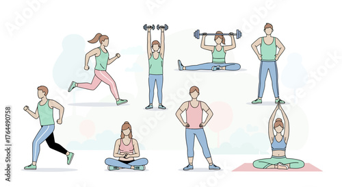 Hand drawn characters doing fitness exercises and yoga poses.