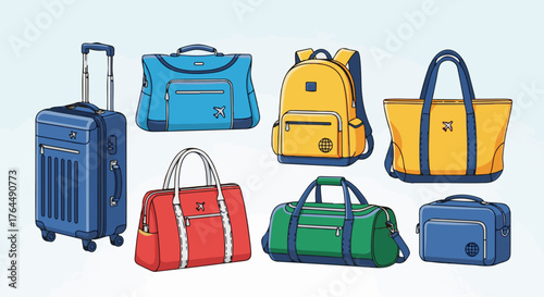 Colorful Travelling Bags Set Vector Illustration, Vacation Trip Luggage for Journey and Tourism Concept