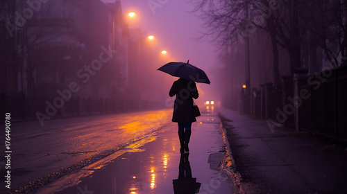 Dreamy cinematic photo of person holding umbrella walking along wet street at dusk, streetlights reflecting on puddles, pastel violet and gold tones symbolizing melancholy and quiet