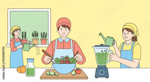 People preparing a healthy meal with fresh salad and green smoothie.