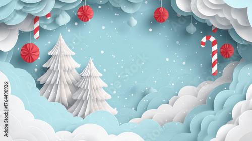Paper cut style winter landscape, white Christmas trees, hanging candy canes and red baubles, layered blue and white clouds, pastel colors