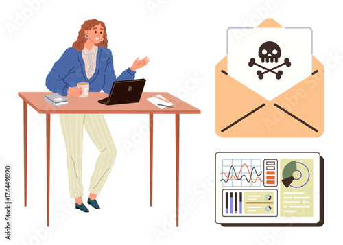 Woman stands at desk with laptop, coffee, charts, malicious email. Ideal for cybersecurity, data analysis, email security, technology, workplace risks ransomware alerts flat metaphor