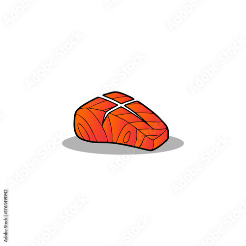 A stylized illustration of a salmon fillet, showing cross-cut lines, with a shadow.